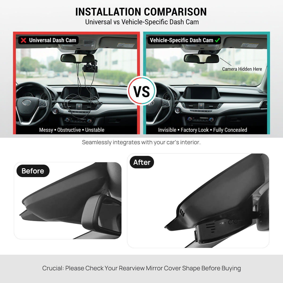Volvo S60 V60 , for Volvo XC70 Vehicle-specific vs universal dash cam installation comparison